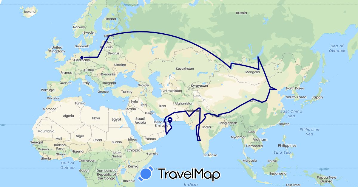 TravelMap itinerary: driving in United Arab Emirates, China, Germany, Estonia, India, Mongolia, Nepal, Oman, Pakistan, Poland, Russia (Asia, Europe)